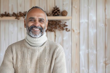 Wall Mural - Portrait of a cheerful indian man in his 50s wearing a classic turtleneck sweater isolated in light wood minimalistic setup