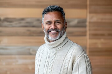 Wall Mural - Portrait of a cheerful indian man in his 50s wearing a classic turtleneck sweater over light wood minimalistic setup