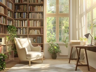 A cozy reading nook with a comfortable armchair, a wooden desk, and a large window overlooking a lush green garden. The room is filled with bookshelves and natural light.