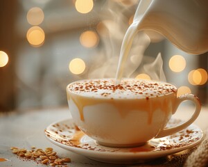 Cozy Café Scene: Milk Poured into Coffee Cup with Steam - 5:4 Ratio Image