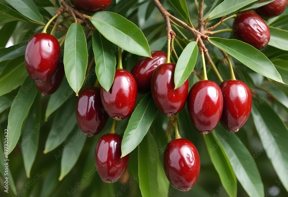 Red Ripe Dates Ripe Red Dates with Green Leaves, Close-Up View - Fresh and Nutrient ...