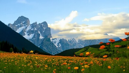 Wall Mural - Experience a breathtaking mountain landscape with vibrant orange flowers blooming under the morning sun, illuminating the scenery and creating a serene and picturesque view