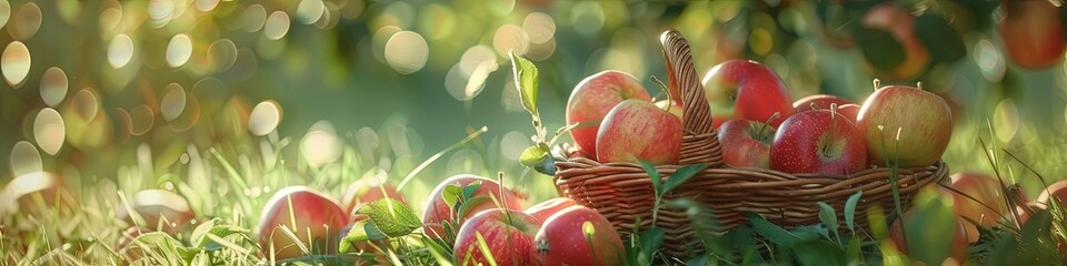 Wall Mural - Organic apples in a basket in the summer grass. Fresh apples in nature. shallow depth of field. bokeh 