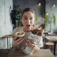 Wall Mural - A woman holding a cup of coffee and wrapped in foil, AI