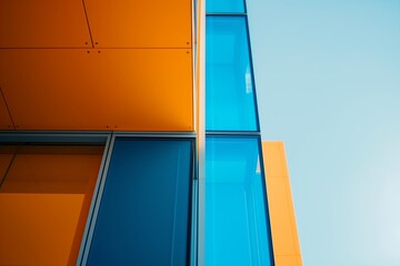 A modern architectural design featuring a building facade with striking orange and blue glass panels under clear sky.