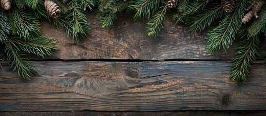 Poster - Christmas themed background with spruce branches set on a rustic wooden table ideal for a copy space image