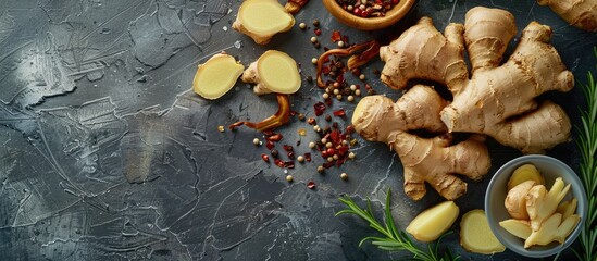 Canvas Print - Flat lay on a grey table featuring spicy pickled ginger and root with a designated space for text in the image. Copy space image. Place for adding text and design