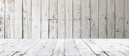 Canvas Print - Top view of a white wooden table providing a blank area for design against a backdrop of a textured white natural wood wall suitable as a copy space image