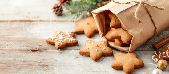 Poster - Christmas gingerbread cookies in a paper bag decoration on a light wooden backdrop with copy space image