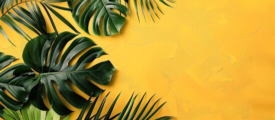 Poster - A modern summer composition with vibrant tropical palm leaves on a soft yellow backdrop The image offers a flat lay perspective with a top view and copy space