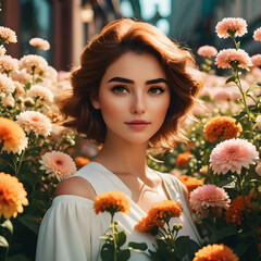 Wall Mural - Una chica castaña muy elegante, en medio de un campo de flores lleno de vida