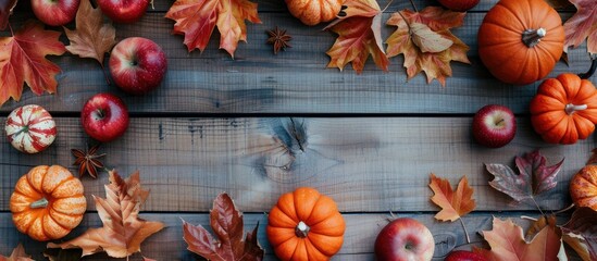 Sticker - Seasonal themed flat lay composition featuring pumpkins apples and leaves on a wooden backdrop suitable for Thanksgiving or Halloween including copy space image