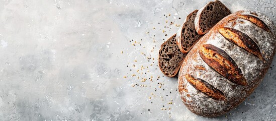 Wall Mural - Homemade wheat bread loaf and Finnish rye sourdough with slices displayed on a copy space image