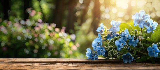 Wall Mural - Floral arrangement featuring striking blue flowers set against a wooden table with a backdrop of a serene garden ideal for a copy space image