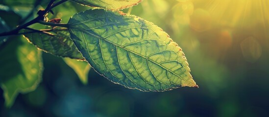 Wall Mural - vintage filter applied to a close up nature view of a sunlit green leaf ideal as a background image 