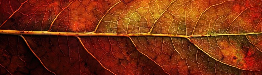 Sticker - Close-up of a vibrant autumn leaf showing intricate veins and rich, warm colors, capturing the beauty of nature's seasonal transition.