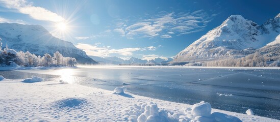 Sticker - Sunny day in Northern Europe with a snow covered frozen lake landscape showcasing vast copy space image