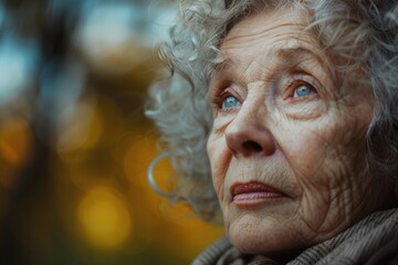 Wall Mural - Elderly Woman Serious. Close Up of a Beautiful Caucasian Adult Woman Glancing Away Outdoors