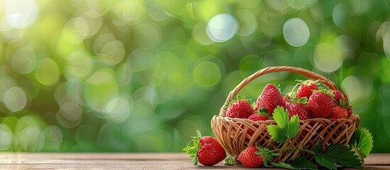 Wall Mural - a basket of fresh strawberries on a wooden table with a blurred green background offering a clear sp