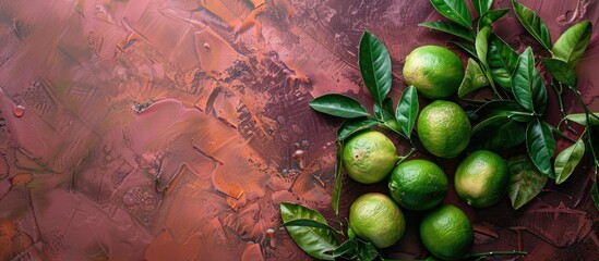 Poster - Overhead view of ripe limes with leaves on a vintage backdrop providing copy space for text in the image