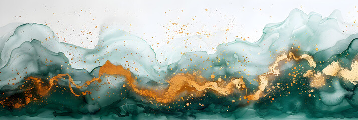 Wall Mural - Green watercolor splash with gold accents on transparent background.