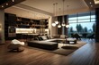 © juliars - Elegant open-plan living room with contemporary furniture and twilight view through large windows