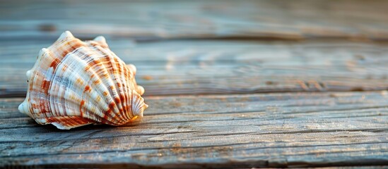 Wall Mural - Marine summer backdrop featuring a seashell on a wooden surface with copy space image