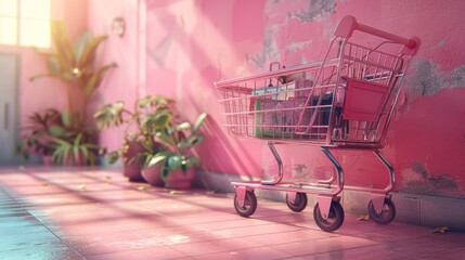 Shopping Cart in Vibrant Pink Interior - Generative AI