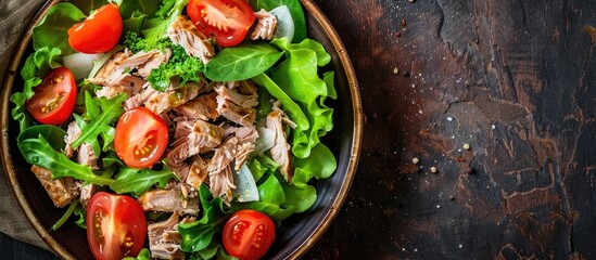 Canvas Print - Healthy eating option a salad with tuna tomatoes and green leaf lettuce arranged as an appetizing meal or snack on a rustic table with a copy space image