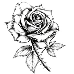 Wall Mural - A black and white drawing of a rose with a thorny stem. The rose is the main focus of the drawing, and the thorny stem adds a sense of danger and complexity to the image