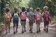 © DK_2020 - Group of young children walking together in friendship, embodying the back to school concept on their first day of school