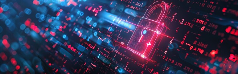 Banner of Digital padlock icon, cyber security network and data protection technology on virtual interface screen