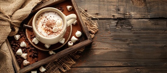 Sticker - Hot chocolate on a wooden tray with copy space image