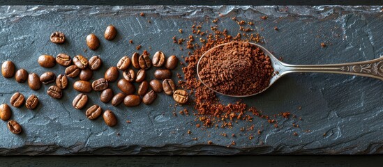 Canvas Print - A metal spoon with ground coffee is placed on a slate tray with scattered coffee seeds creating a visually appealing composition with copy space image