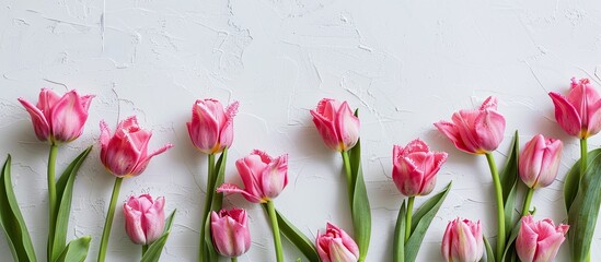 Wall Mural - Pink tulips arranged on a white table as a banner with copy space for an image