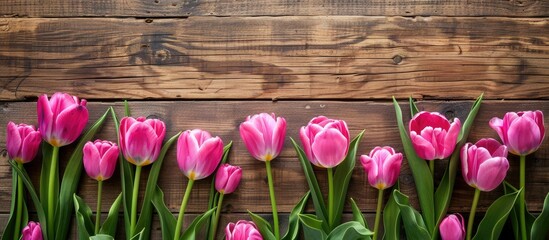 Poster - Wooden background featuring a border of vibrant pink tulips with selective focus ideal for a copy space image