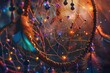 © Seussi - Dreamcatcher with feathers, beads, and woven nets adorned with small, psychedelic patterns and soft, glowing lights. This design symbolizes protection and dreamy wanderlust, ai generated