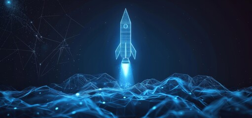 Wall Mural - Futuristic wireframe hologram of a space rocket launching above digital landscape