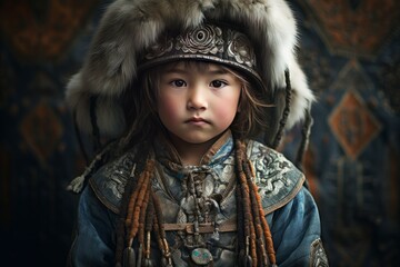 Close-up portrait of a young traditional mongolian child in ornate ethnic attire and decorative ceremonial headdress