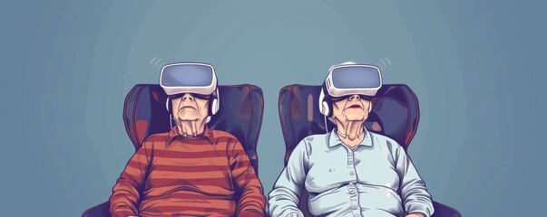 Two older men are wearing virtual reality goggles. Free copy space for banner.