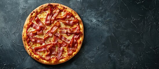 Canvas Print - Flat lay pizza topped with bacon on a chalkboard background with a designated area for additional text or graphics in the frame known as a copy space image