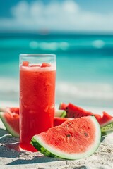 Watermelon juice on sea sand with a blue background. Summer background. 