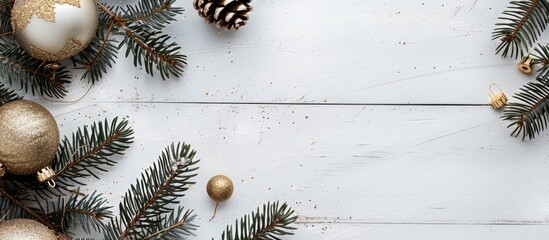 Sticker - Christmas themed design featuring fir branches golden ornaments on a white wooden backdrop with ample copy space for a border arrangement in a top down flat lay view