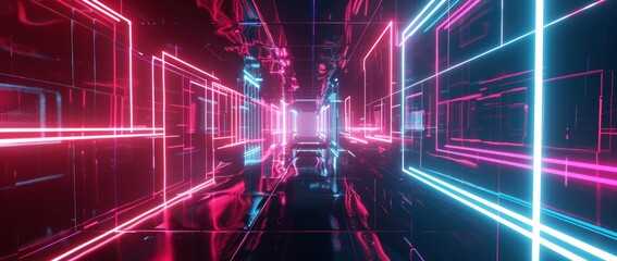 Wall Mural - esports scifi gaming cyberpunk abstract background video game, virtual reality simulation and metaverse, pedestal stage, 3D illustration rendering, neon light room.