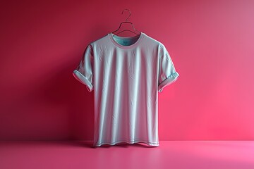 A white shirt hanging on a hanger in front of a pink wall