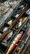 © Sasa Visual - Lures of various colors and sizes sit neatly in an old wooden tackle box