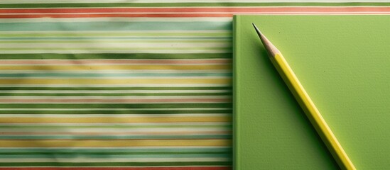 Poster - Green memo pad and pencil on striped fabric background with copy space image