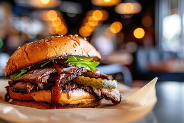 Wall Mural - Close-up of a juicy pulled pork sandwich with barbecue sauce, lettuce, and pickles.