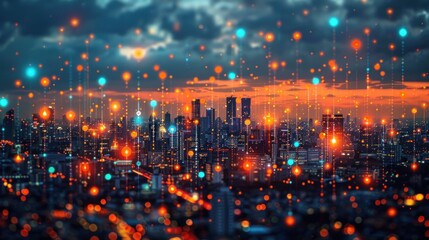 Wall Mural - Cityscape with Digital Network and Glowing Lights