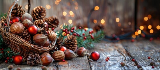 Wall Mural - A rustic setting with chestnuts spilling from a basket onto a wooden table decorated with Christmas ornaments creating a cozy scene with copy space image